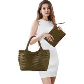 SporGenius Woven Tote Bag for Women, Vegan Leather Handwoven Bags with Small Handmade Purse, Large Travel Braided Top Handle Handbags (Olive Green)