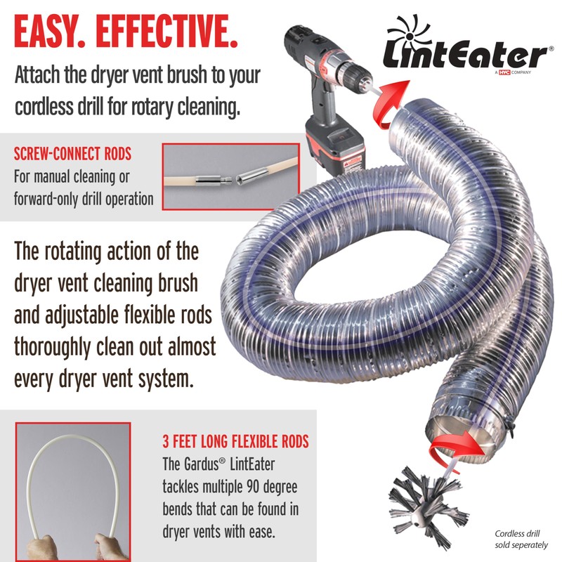 Gardus RJR601 LintEater Junior Rotary Dryer Vent Cleaning System, Removes