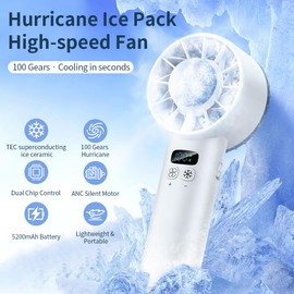 TONTRU Portable Handheld Fan with Ice Cooling Mode, 5200mAh Rechargeable Fan, 100 Gear Adjustable Wind Speed, Quiet Turbo Motor, LED Display for Indoor & Outdoor Use (White)