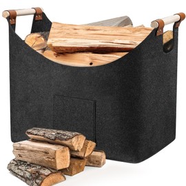 Firewood Basket Felt Basket for Firewood, XL Firewood Basket Felt Firewood Basket Foldable with Reinforced Wooden Handle Firewood Bag for Shopping Newspaper or Firewood, 45 x 32 x 40 cm, Dark Grey