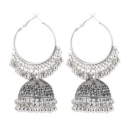 Silver Bell Dangle Drop Earrings for Women Big Vintage Boho Jhumki Jingling Beaded Tassel Hoop Earring Bohemian Indian Chandelier Lightweight Ethnic Jewelry Gifts