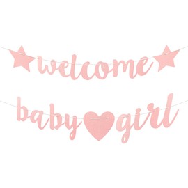GLADFRESIT Welcome Baby Girl Banner, Glitter Home Banner Shower Party Decorations for Newborn Babies Full Moon Wine 100 Days Banquet