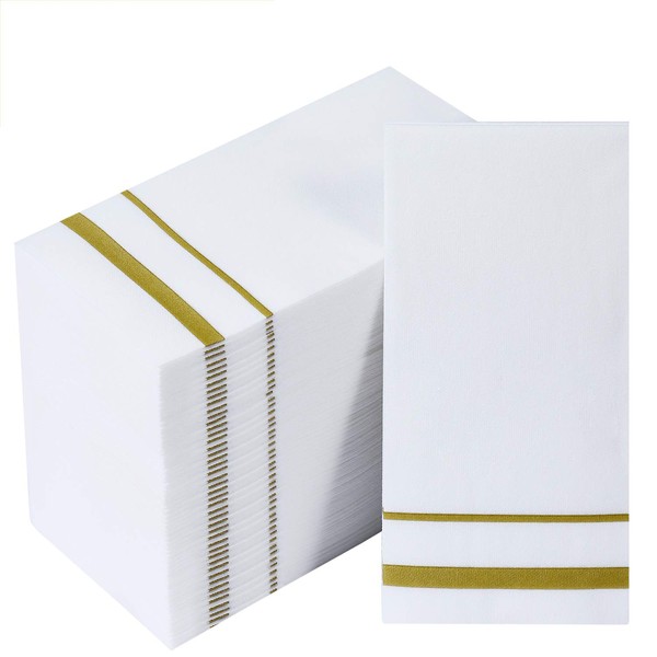 [200 Pack] Disposable Guest Towels Linen-Feel Paper Hand Towels, Decorative Bathroom Hand Napkins for Kitchen, Parties, Weddings, Dinners or Events, White and Gold