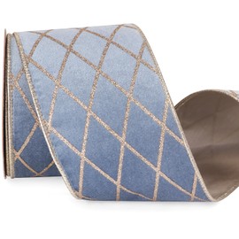 Ribbli Dusty Blue Velvet Ribbon Wired with Glitter Diamond Grid 4 Inch Christmas Ribbon for Christmas Tree Decoration Big Bow Gift Wrapping Crafts Wreaths Garland Supplies - 10 Yards