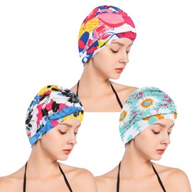 CENZICOM Women Nylon Swim Caps, Fabric Cloth Pleated Elastic Swimming Cap Bathing Cap Swim Hats for Thick Curly Long Short Hair,3 pcs (Flower-Colorful)