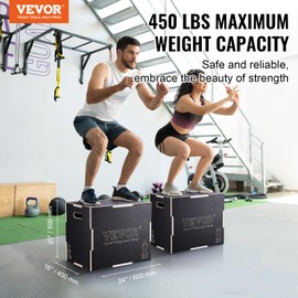 VEVOR 3 in 1 Plyometric Jump Box, Wooden Plyo Box, Platform & Jumping Agility Box, Anti-Slip Fitness Exercise Step Up Box for Home Gym Training, Conditioning Strength Training, 24"x20"x16", Black