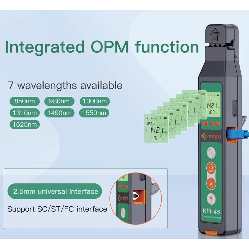 Optical Fiber Identifier Komshine KFI-45 Suit for 0.25/0.9/2.0/3.0mm Fibers, Testing