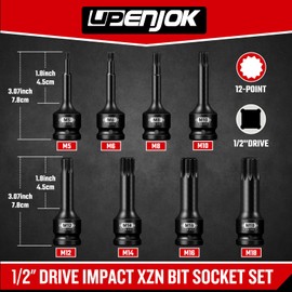 Upenjok 8-Pieces 1/2" Drive Impact XZN Triple Square Bit Socket Set, M5 M6 M8 M10 M12 M14 M16 M18, Impact Spline Bit Socket Set with Storage Case, Professional Master Repair Socket Kit, Cr-Mo Steel
