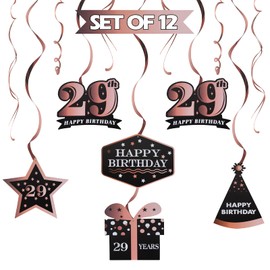 LINGTEER Happy 29th Birthday Decorations,29th Birthday Black with Rose Swirls Hanging Streamer Kit,Cheers to 29 Years Old Bday Foil Party Photo Backdrop Supplies.