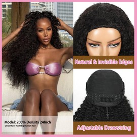 VCkiss 24 Inch Half Wig Human Hair Deep Wave Half Wig 3 in 1 Glueless 200 Density Curly Half Wig Drawstring Seamless Flip Over Half Wigs for Women Ready to Wear and Go Beginner Friendly
