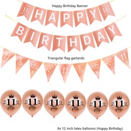 Rose Gold Garland Happy 11th Birthday Banner + 11th Birthday Triangle Flag Banner + 8 Pieces Happy 11th Birthday Balloons 11th Birthday Decoration for Girls, 11th Birthday Girl Party Decoration