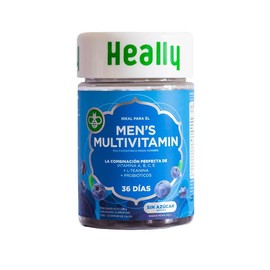 Multivitamínico Heally para Hombre, 72 Gomitas, Sabor Mora Azul, Con Omega-3, Vitaminas A, B, C y E, L-Teanina y Probióticos | 100% Natural, Sin Azúcar y Sin Gluten | 36 días de duración