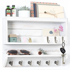 Paulownia Wood White Plus Wall Key and Mail Rack for Rustic Home Decor