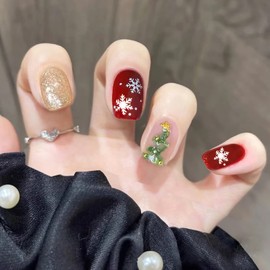 24pcs Christmas Press on Nails Short with Pearl Design, Red Square Fake Nails Glossy False Nails Christmas Tree Snowflake Elk Gold Glitter Nails Winter Stick on Nails for Women and Girls Xmas Manicure