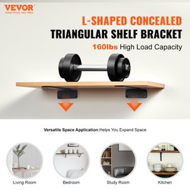 VEVOR Floating Shelf Brackets 12 Inch, 6 Pack Heavy Duty Shelf Brackets, Brackets for Shelves, 1/5" Thick Black Metal L Shelf Bracket, Steel Shelving Brackets with 160 lbs Load Capacity