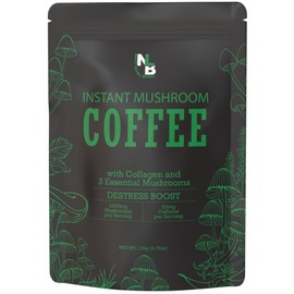 Destress Boost Organic Mushroom Instant Coffee - 135g, 15 Servings Pouch - Healthy Coffee alternative and Substitute - With Gaba, Collagen, Lions Mane and Antioxidants