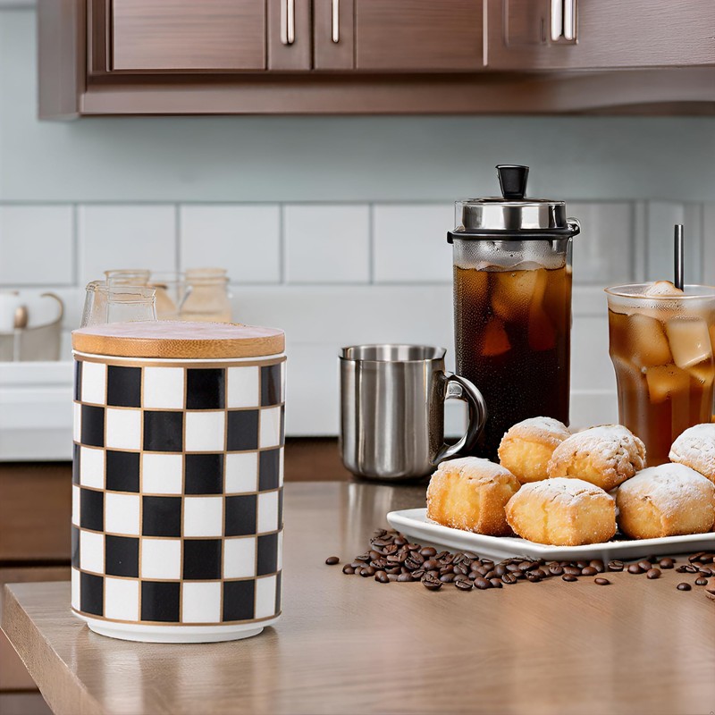 XYQXYQ Kitchen Countertop Ceramic Checkered Canisters,Black And White Food Storage