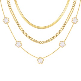 Womens Gold Layered Necklace - 3Pcs 18K Gold Plated Floral Necklaces, Stainless Steel Stackable Cuban Link Chain Non Tarnish Trendy Jewelry, Herringbone Chokers Christmas Birthday Gifts for Her