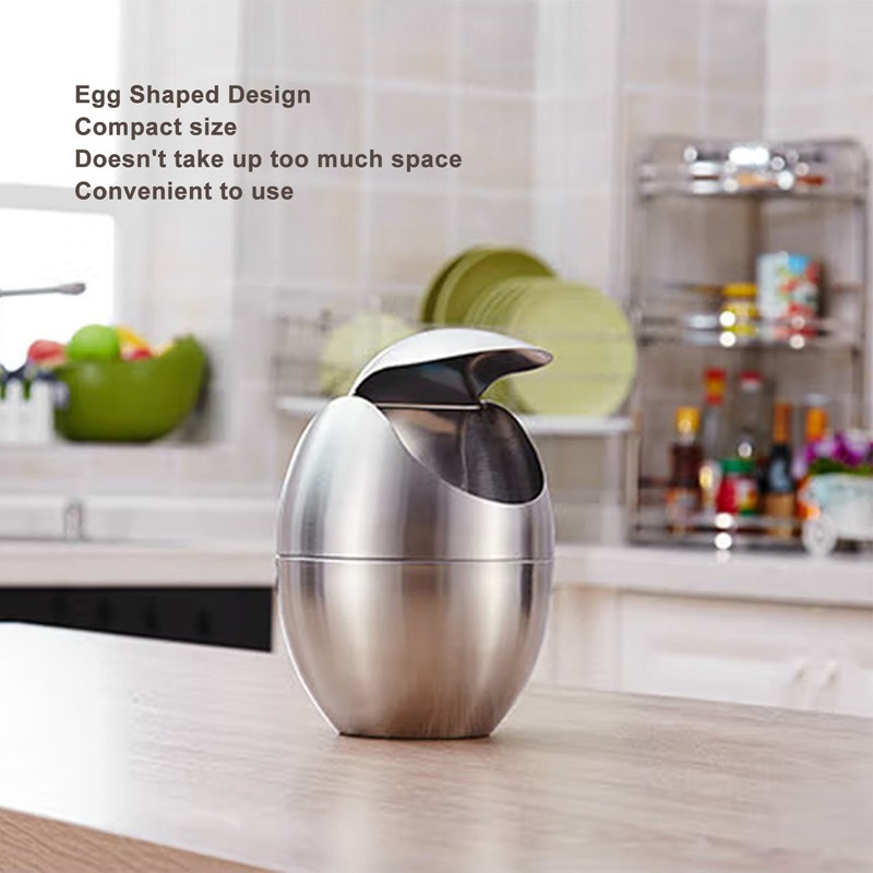 Desktop Trash Can Stainless Steel Egg Shape Mini Countertop Waste