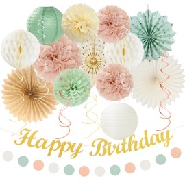 Sage-Green Blush-Pink Beige Birthday Party-Decorations - 21pcs Happy Banner,Cream Light Dusty Pink Paper Lanterns Pom Poms,Rustic Boho Neutral Streamers Garland,Women Girls Decor Supplies Huglony