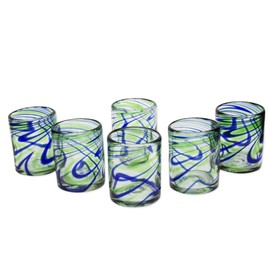 NOVICA Artisan Handblown Recycled Tumbler Drinkware | Rocks Glass Handmade Mexico Drinkware Tumbler | Handcrafted Blown Glass Rocks Blue Green Swirls | Eco-Friendly Drinking Glasses | 10 oz | 'Elegant