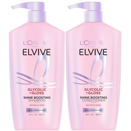 L'Oreal Paris Elvive Glycolic + Gloss Shine Boosting Shampoo and Conditioner Set, limpia y suaviza el cabello opaco y poroso en cabello brillante y br