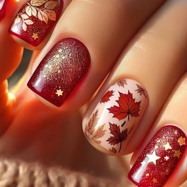 24Pcs Fall Press on Nails Medium Square Red Maple Leaf Fake Nails with Star Glitter Designs Golden Yellow Autumn Leaves False Nail Thanksgiving Nails Kit Full Cover Fall Leaves Glue on Nail for Women