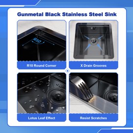 Davivy 17 Inch Black Kitchen Sink, 17x17 Inch Single Bowl Undermount Bar Sink with Single Track, Black Stainless Steel Prep Sink with Multiple Accessories