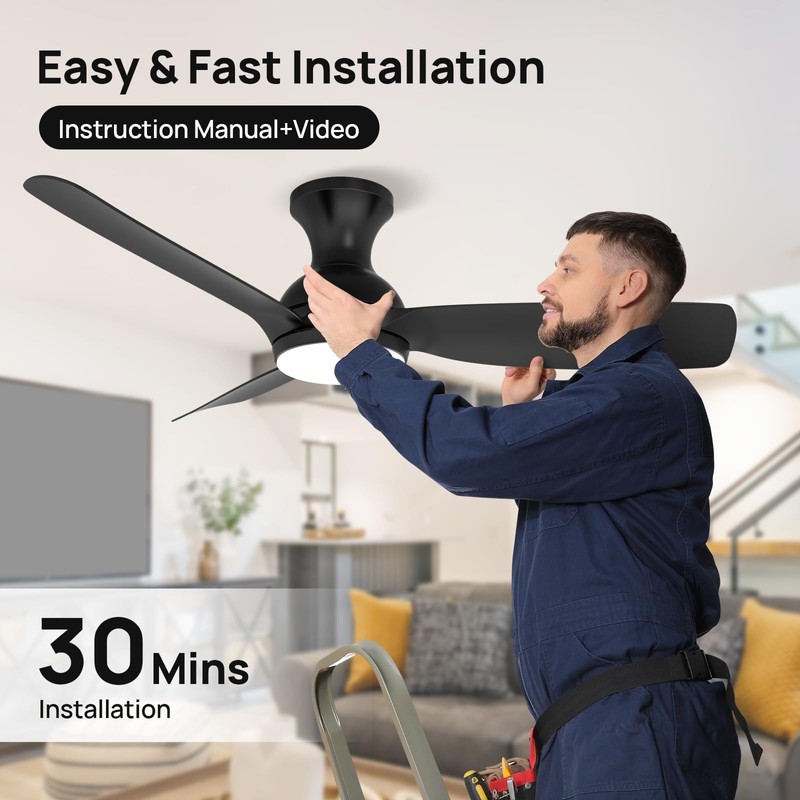 Consciot Ceiling Fan With Light, 44 Inch Low Profile Ceiling