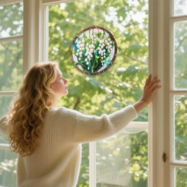 Stained Glass Window Hanging, Lily of The Valley Flower Sun Catchers, Diamond Glass Panel Hangings Suncatcher Decor Gift for Women, Men, Wife, Aunt, Mom, Grandma and Teacher