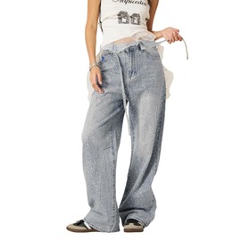 Aelfric Eden Womens Rhinestone Jeans Y2K Wide Leg Pants Unisex Loose Oversized Trousers Casual Baggy Streetwear Denim Pants Blue 28