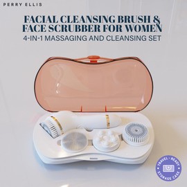 Perry Ellis 4-in-1 Cordless Facial Cleansing Brush & Facial Massager for Women | Face Brushes for Cleansing and Exfoliating | Face Massager, Facial Skin Care Products | Massage Tools w/ 4 Brush Heads