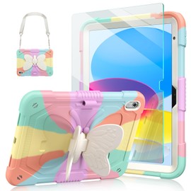 Ambison Ambison Case for iPad (A16) 11th/10th Generation (2025/2022) 11'/10.9' for Kids Girls with 9H Tempered Glass Screen Protector, Heavy Duty Protective with Butterfly Stand, Carrying Strap-Multicolor