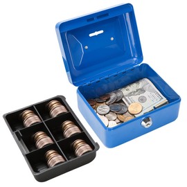 Cash Box with Slot for Kids, Decaller Small Money Box with Money Tray & Key Lock, 6" x 4 4/5" x 3 1/5", Blue, QH1507XS