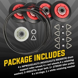 4392067 Dryer Repair Kit with WPW10314173 Drum Roller & 661570V Belt & 279640 Idler Pulley by Seentech, Compatible with Whirlpool & Kitchen-Aid Dryer - Replaces AP3109602 4392067VP 80047 AH373088