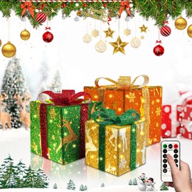 Robofun Set of 3 LED Christmas Gift Boxes, LED Decorative Gift Box with Timer, 8 Flash Modes and Remote Control, Christmas Decoration Gift Boxes for Christmas Tree, Red, Green, Yellow