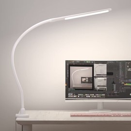 LED Desk Lamp With Clamp, 10W Gooseneck Lamps Touch Control,Swing Arm Clamp Lamp, Architect Clamp Desk Lamp Dimmable,Nail Lamp for Desk Table (White)