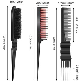 3 Pieces Pick Teasing Combs Hair Brush Set Includes Black Carbon Lift with Metal Prong, Triple Pin Rat Tail Comb, Nylon Bristle Hair Brush for Women(Black and Red)