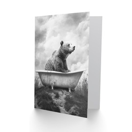 Artery8 Greeting Card Bear Bath in Mountain Bathtub Black White Surreal Blank For Him Or Her Art Birthday Card