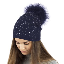 TOSKATOK® Ladies Fine Knit Winter Beanie hat with Diamante Glitter Applique and Large Faux Fur Pompom-Navy