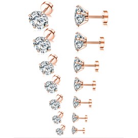 Tornito 7 Pairs 20G Stainless Steel Stud Earrings Round Cubic Zirconia Earring Set for Men Women 2MM-8MM (C:7 Pairs, Rose Gold Tone,Flat Back)
