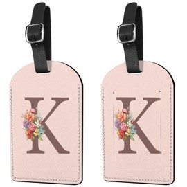Deokke 2 Pack Luggage Tag Suitcase Tags Initial Letter Monogram PU Leather Cover Aesthetic Cute Monogrammed Travel Bag Labels for Women Girls Men (K)