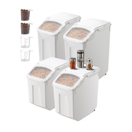 Happybuy Rice Storage Container, 3.5Gal/15Lx2 + 4.5Gal/20Lx2 Large Dog Food Dispenser Bin. Kitchen Ingredient Grain Cereal Bin. Pet Food Containers with Wheels, 4 Measuring Cups, Airtight Lid. 4 Pack.