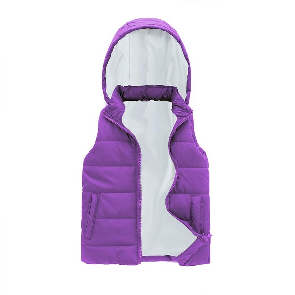 SNOW DREAMS Chaleco acolchado ligero sin mangas para niñas con capucha para primavera y otoño, Púrpura claro, 4