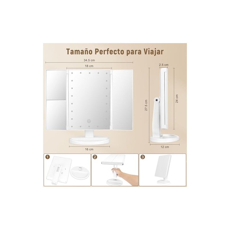 Espejo de Maquillaje Triptico con 2X 3X 10X Aumentos, Espejo