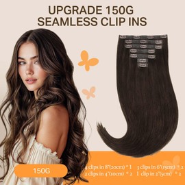 DOORES Seamless Clip in Hair Extensions, Light Dark Brown 22 Inch 7pcs 150g, Hair Extensions Human Hair Remy Human Hair Extensions Long Straight Thick Hair Thin Weft