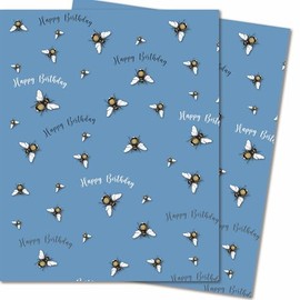 2 Sheets of Blue Bee Wrapping Paper - Bees Gift Wrap - 70x50cm - Blue Bee Birthday Wrapping Paper - Recyclable & Eco Friendly