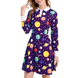 AXUIOKRY Miss Frizzle Costume Women Teacher Costume Science Magic School Bus Dress Purple Galaxy Space Planet Dress AX02-3-L
