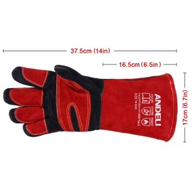 [ANDELI] Welding Gloves, Heat Resistant Gloves, Leather, MIG Gloves, Thick, Soft, Heat Resistant, Double Layer Cowhide Leather Gloves, For Welding Work, Potholder, Bonfire Stand, Dog Bite Prevention, Red-Black