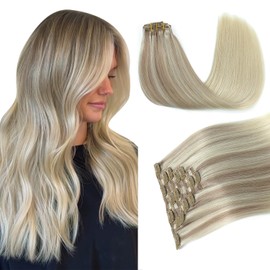 Pinkpearl Clip in Hair Extensions Straight Human Hair #18/22/60 Balayage Ash Blonde to Golden Blonde and Platinum Blonde 7pcs 120g 22 inches Real Hair Clip in Extensions(#18/22/60,22)